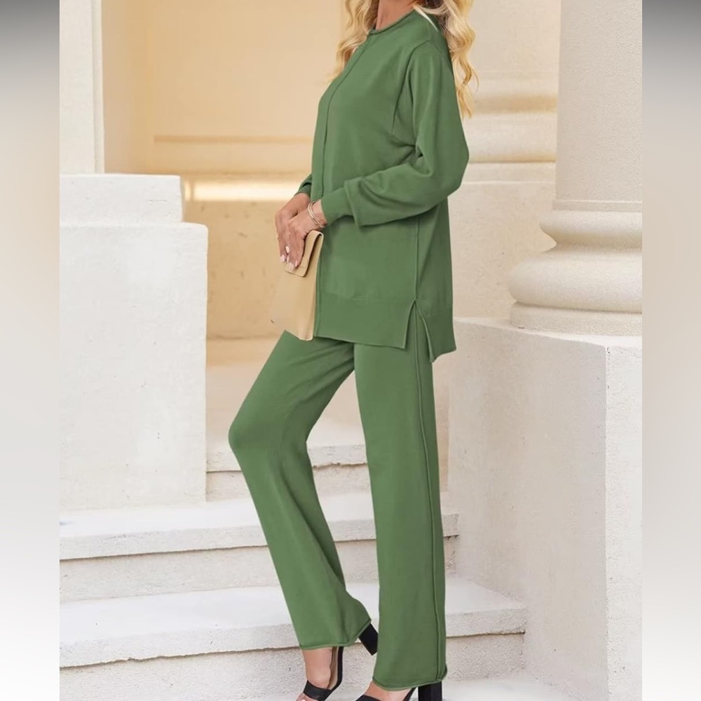 🛍️#2461 NWOT Linsery 2 Pc High Neck Knitted Wide Leg Pant Sweatsuit Lounge Set
